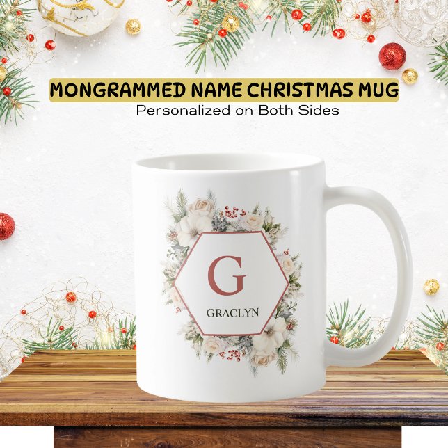 Caneca De Café Monograma e Nome Greenerescência Natal (Criador carregado)