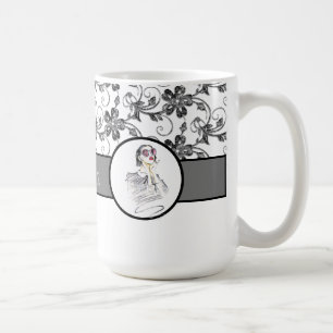 Caneca De Café Monograma e Padrão Floral Elegante