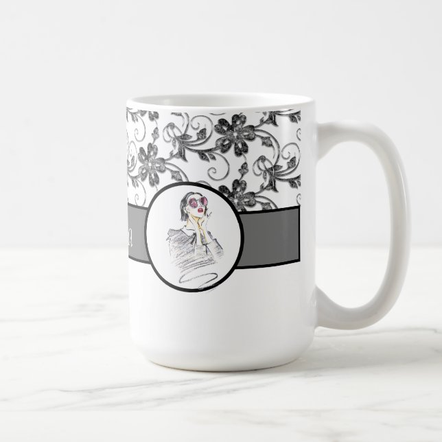 Caneca De Café Monograma e Padrão Floral Elegante (Direita)