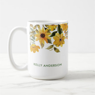 Caneca De Café Monograma Elegante Amarelo Floral Aquarela