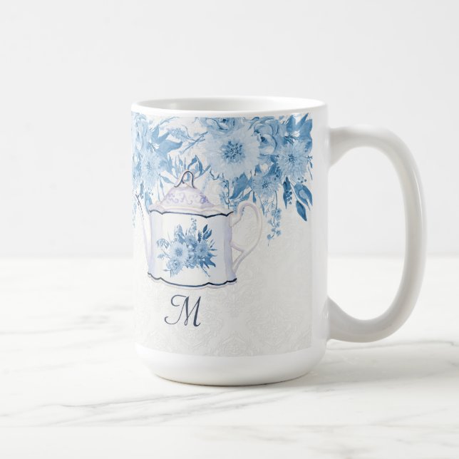 Caneca De Café Monograma Elegante Bule Azul empoeirado n Branco F (Direita)