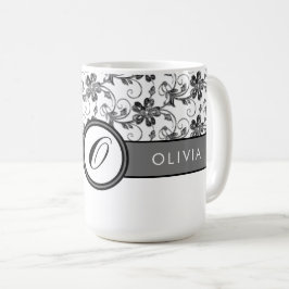Caneca De Café Monograma Elegante e Padrão Floral Preto