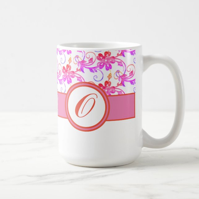 Caneca De Café Monograma Elegante e Padrão Floral Rosa (Direita)