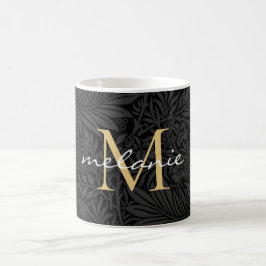 Caneca De Café Monograma Elegante em Preto e Dourado com Floral e