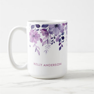 Caneca De Café Monograma Elegante Floral Roxo Aquarela