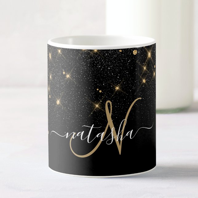 Caneca De Café Monograma Elegante Glitter Diamond Glitter Dourado (Criador carregado)