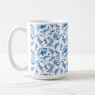 Caneca De Café Monograma Elegante Padrão Floral Azul Vintage