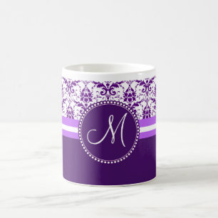 Caneca De Café Monograma Elegante, pinagem Roxa e Damasco Branco