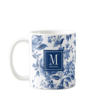 Monograma Elegante Rosa Floral Azul Branco