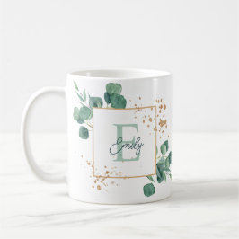 Caneca De Café Monograma em Folha Dourada e Eucalipto Verde Elega