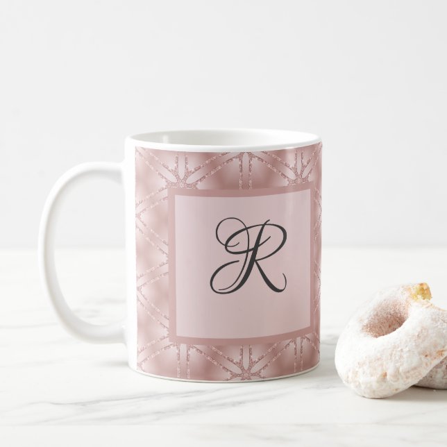 Caneca De Café Monograma em Glitter Dourado Rosa Padrão Geométric (Com Donut)
