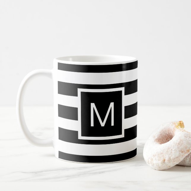 Caneca De Café Monograma em Quadrado com Linho Preto e Branco (Com Donut)