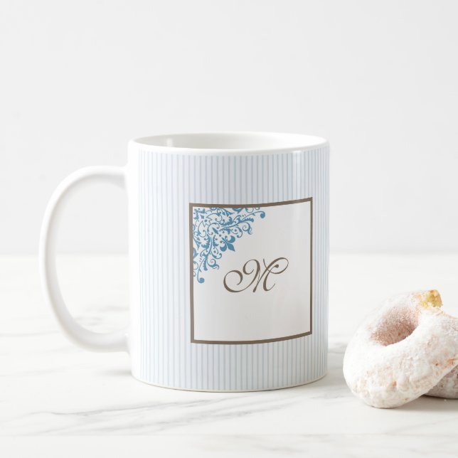 Caneca De Café Monograma em Script com Listra Azul Francês Fleur  (Com Donut)