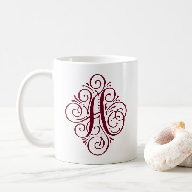 Caneca De Café Monograma Enfeite com Floreio Personalizado (Com Donut)
