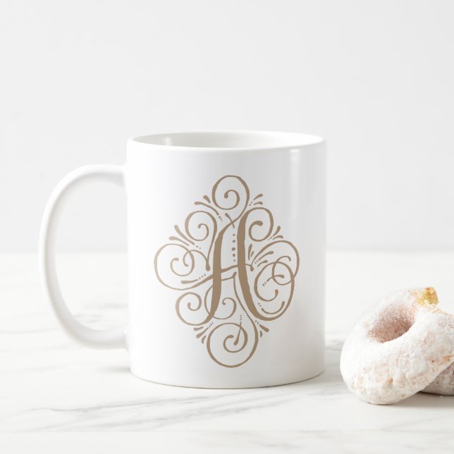 Caneca De Café Monograma Enfeite com Floreio Personalizado (Com Donut)