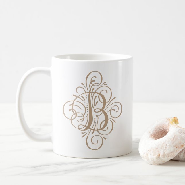 Caneca De Café Monograma Enfeite Swash Personalizado (Com Donut)