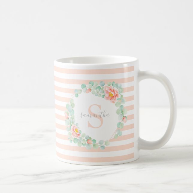 Caneca De Café Monograma Eucalyptus Deixa Pêssego Floral de Peony (Direita)