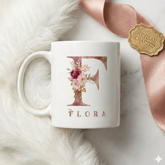 Caneca De Café Monograma F Floral Dourado Rosa Personalizado