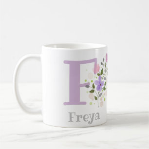 Caneca De Café Monograma F & Name Freya com Flores