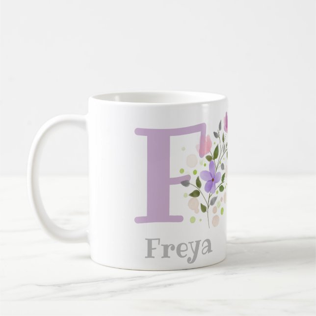 Caneca De Café Monograma F & Name Freya com Flores (Esquerda)