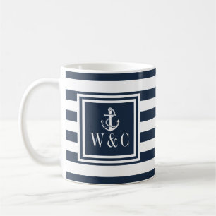 Caneca De Café Monograma Faixa Azul Marinho Âncora de Barco Náuti