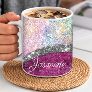 Caneca De Café Monograma falso brilhante rosa iridescente fofo