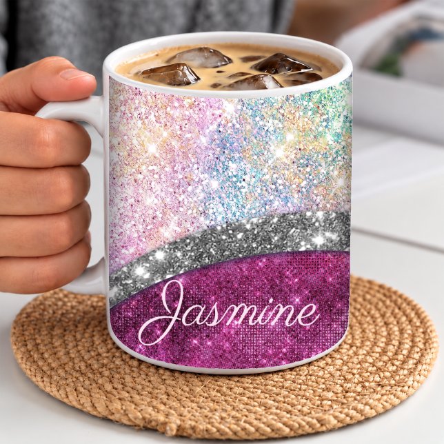 Caneca De Café Monograma falso brilhante rosa iridescente fofo (Criador carregado)