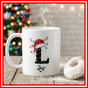 Caneca De Café Monograma Família Natal Chifre Chapéu do Papai Noe
