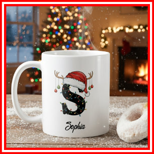Caneca De Café Monograma Família Natal Chifre Chapéu do Papai Noe