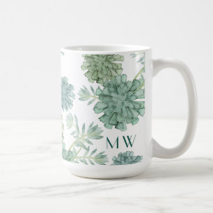 Caneca De Café Monograma   Felicidade vegetal   Padrão Suculente