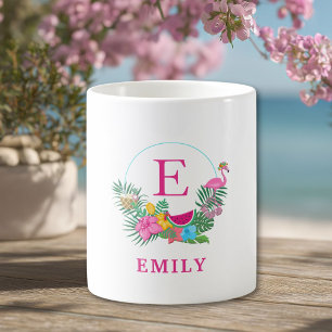 Caneca De Café Monograma Flamingo Floral Tropical Personalizado