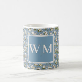 Caneca De Café Monograma Flor de Elegante Azul
