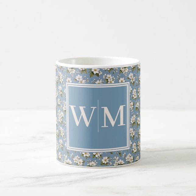 Caneca De Café Monograma Flor de Elegante Azul (Centro)