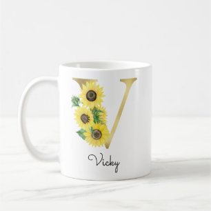 Caneca De Café Monograma Flor de Girassol Dourado Inicial V