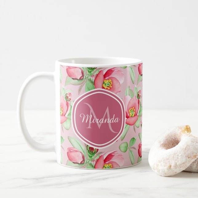 Caneca De Café Monograma Flor de Maçã Rosa (Com Donut)