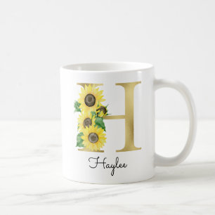 Caneca De Café Monograma Flor Girly Girassol Dourado Inicial H