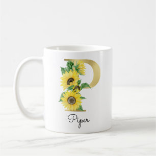 Caneca De Café Monograma Flor Girly Girassol Dourado Inicial P