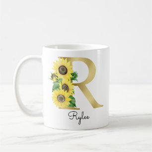 Caneca De Café Monograma Flor Girly Girassol Dourado Inicial R