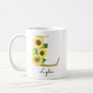 Caneca De Café Monograma Flor Inicial Girly Girassol Dourado L