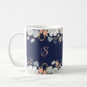 Caneca De Café Monograma Floral Azul Cor-de-rosa-marinho Personal