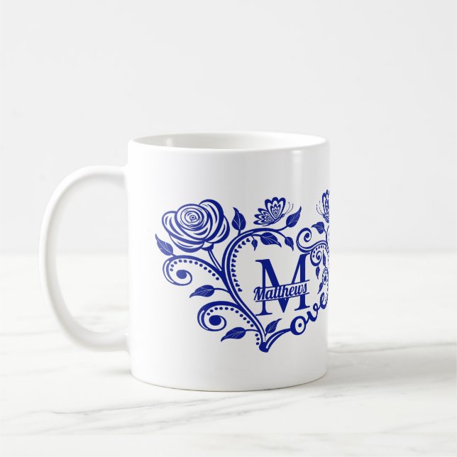 Caneca De Café Monograma Floral Azul de Marinho Personalizado M (Esquerda)