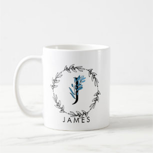 Caneca De Café Monograma Floral Azul - Letra J