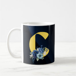Caneca De Café Monograma Floral Azul-Marinho Moderno Feliz Aniver