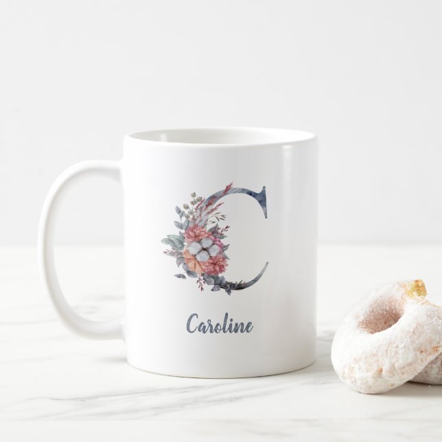 Caneca De Café Monograma Floral Azul Personalizado C Café Mug (Com Donut)