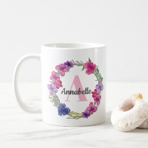 Caneca De Café Monograma Floral Azul Púrpura, Cor-de-rosa, de Ver