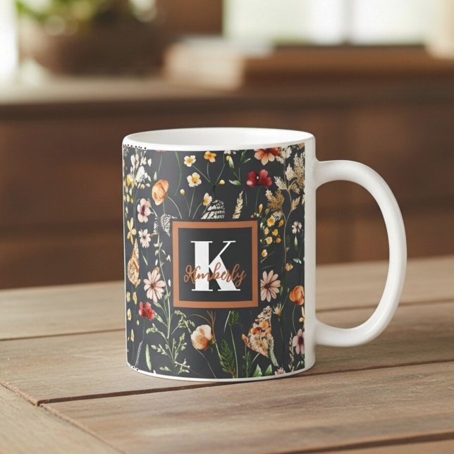 Caneca De Café Monograma Floral Boho Moderna (Criador carregado)