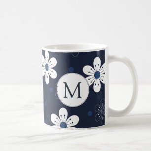 Caneca De Café Monograma Floral Bonito Azul marinho