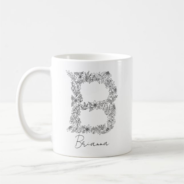 Caneca De Café Monograma Floral Botânica Preta e Branco - Letra B (Esquerda)