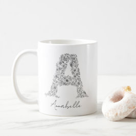 Caneca De Café Monograma Floral Botânica Preta - Letra Branca A