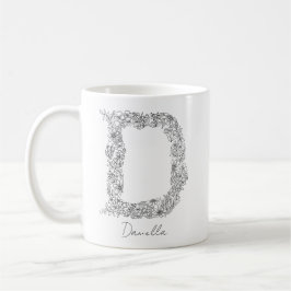 Caneca De Café Monograma Floral Botânica Preta - Letra Branca D